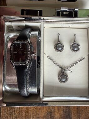 Black Leather Watch and Silver Necklace Earring Set